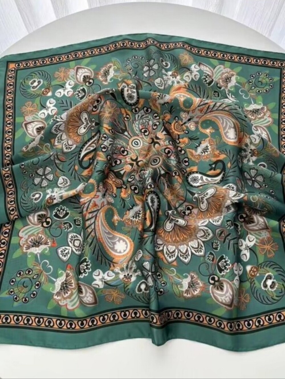Silk-feel Green Paisley Floral Square Scarf